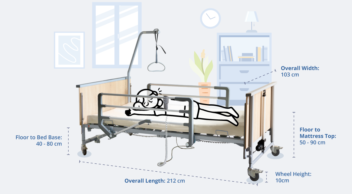 Dimensions and Measurements of the Domiflex 3 Bed with Foldable Railings, Featuring a Human Figure Resting Safely and Peacefully on the Bed for Demonstration