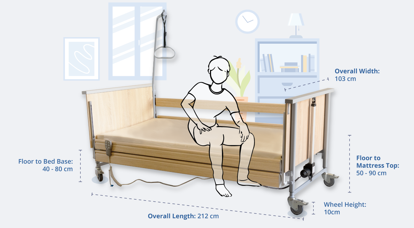 Dimensions and Measurements of the Domiflex 3 Bed with Continuous Wooden Railings, Featuring a Human Figure Resting and Getting Off the Bed for Demonstration