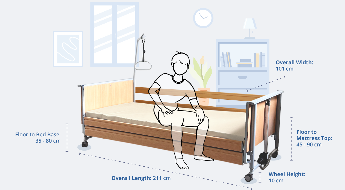 Dimensions and Measurements of the Domiflex 3 Bed with Continuous Wooden Railings, Featuring a Human Figure Resting and Getting Off the Bed for Demonstration