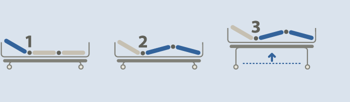 3 icons that demonstrate the bed functions of 1. Head/Back Raise, 2. Leg Raise & 3. Height Adjustments, respectively