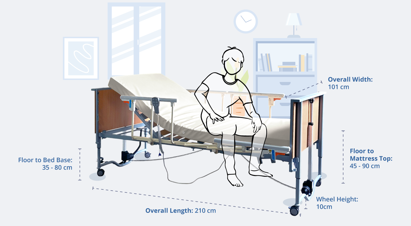 Dimensions and Measurements of the Domiflex 3 Bed with Continuous Wooden Railings, Featuring a Human Figure Resting and Getting Off the Bed for Demonstration