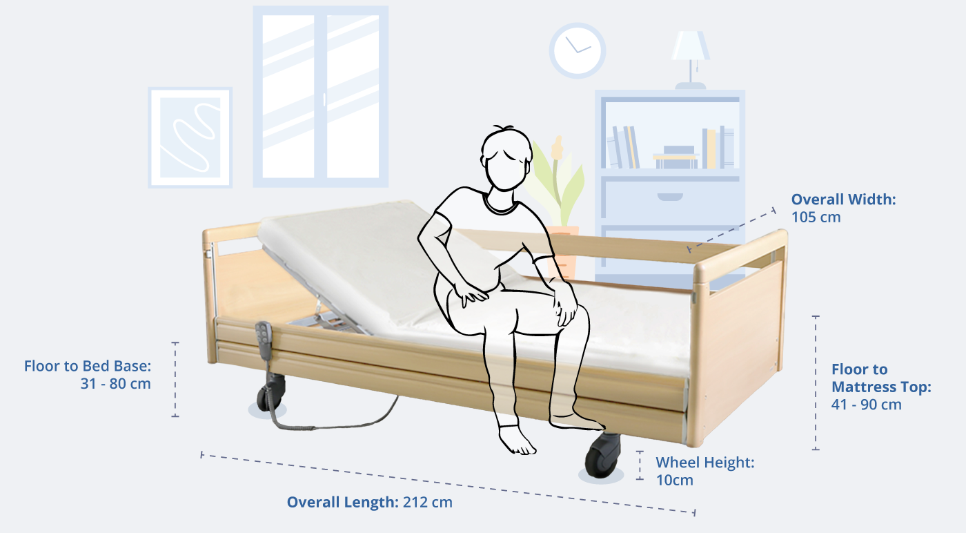 Dimensions and Measurements of the Livorno Bed with Continuous Wooden Railings, Featuring a Human Figure Resting and Getting Off the Bed for Demonstration