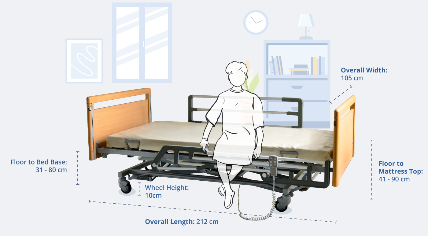 Dimensions and Measurements of the Livorno Bed with Foldable Continuous Railings, Featuring a Human Figure Resting and Getting Off the Bed for Demonstration