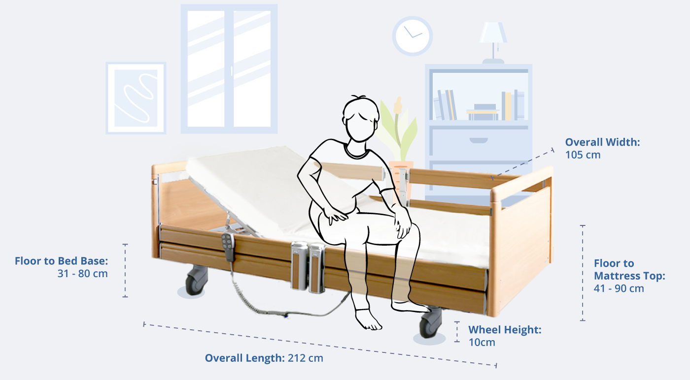 Dimensions and Measurements of the Livorno Bed with Split Wooden Railings, Featuring a Human Figure Resting and Using the Split Panels to Get Off the Bed for Demonstration