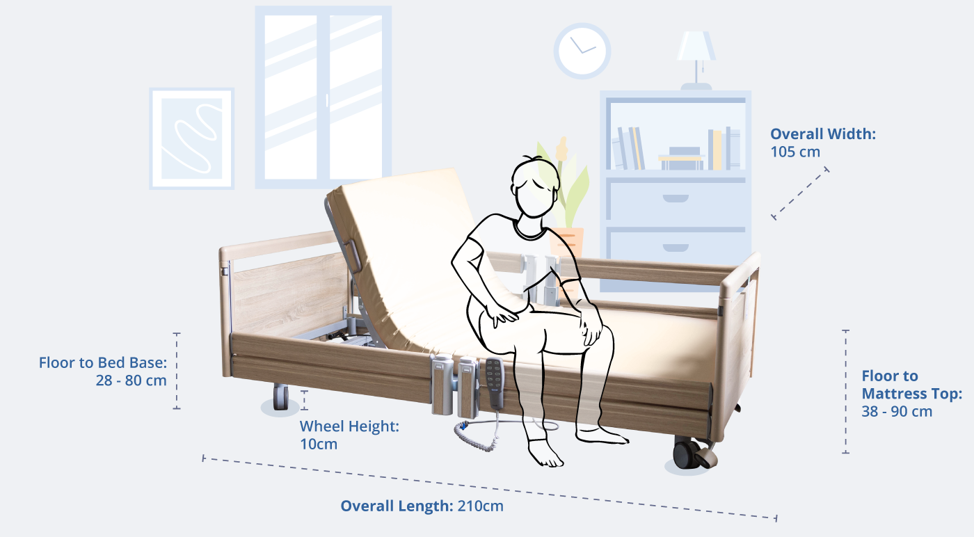 Dimensions and Measurements of the Practico 25/80 Bed with Split Wooden Railings, Featuring a Human Figure Resting and Getting Off the Bed for Demonstration